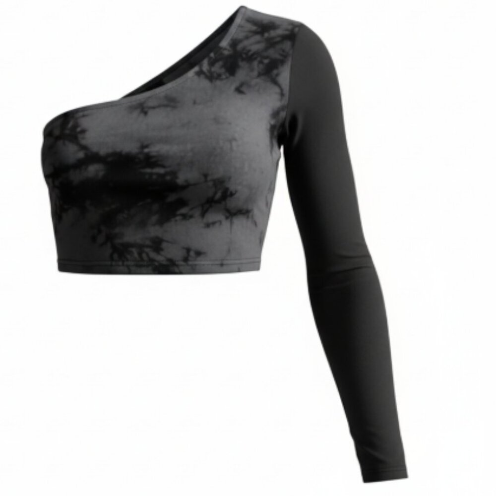 Women’s One Shoulder Crop Top XL Black Gray Tie Dye Asymmetrical Long Sleeve - Picture 2 of 10
